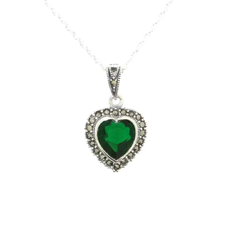 Men's Custom Ring with Engraving-Long Silver Chain Necklace-Emerald Green Heart Pendant Necklace Silver Marcasite on chain