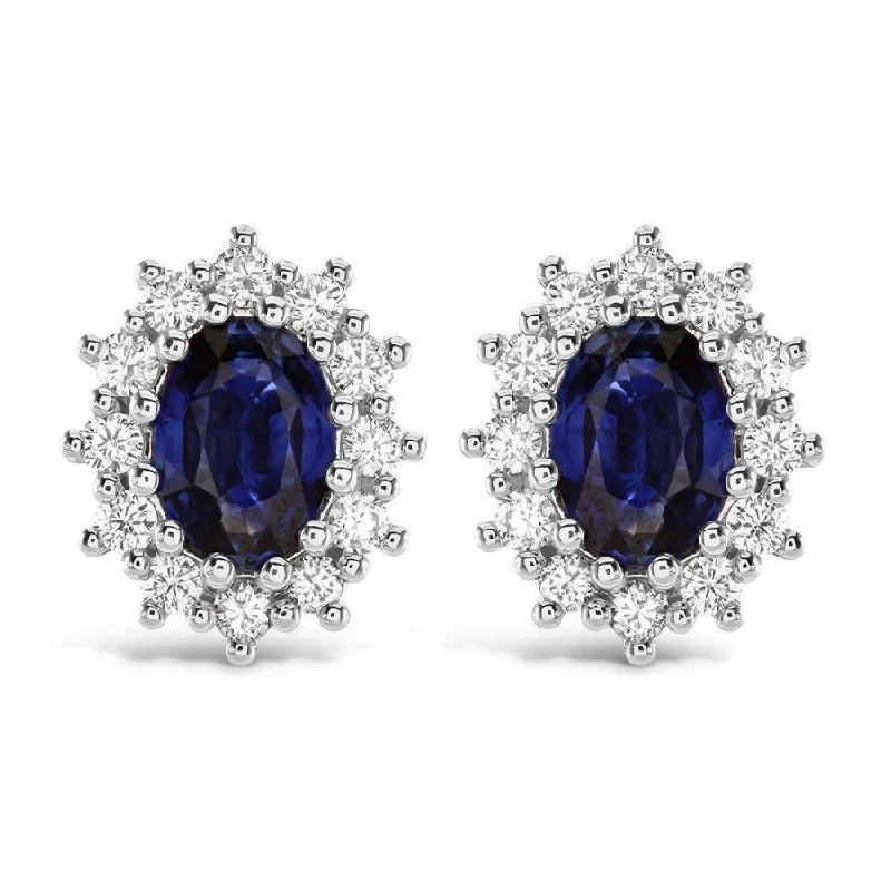 Twist Earrings-18ct White Gold Oval Cut Sapphire & Diamond Cluster Stud Earrings