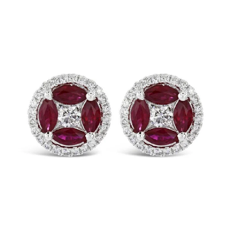 Sterling Gold Earrings-18ct White Gold Marquise Cut Ruby & Diamond Stud Earrings