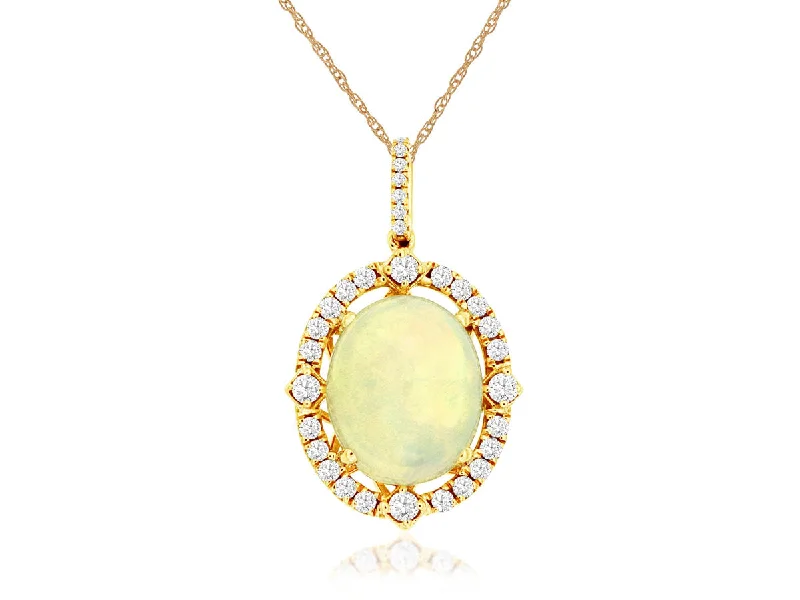 Stackable Rings Set for Women-Layered Necklace-14K Yellow Gold Oval Opal Diamond Halo Pendant Necklace