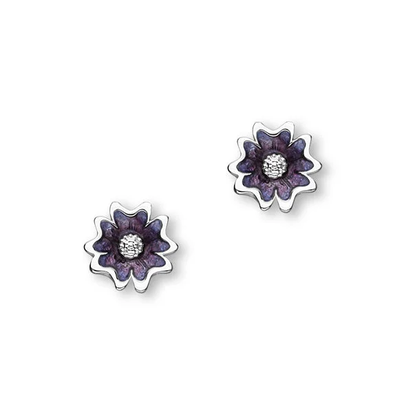 Silver Dangle Earrings-Scottish Primrose Sterling Silver & Purple Enamel 9mm Stud Earrings, EE618