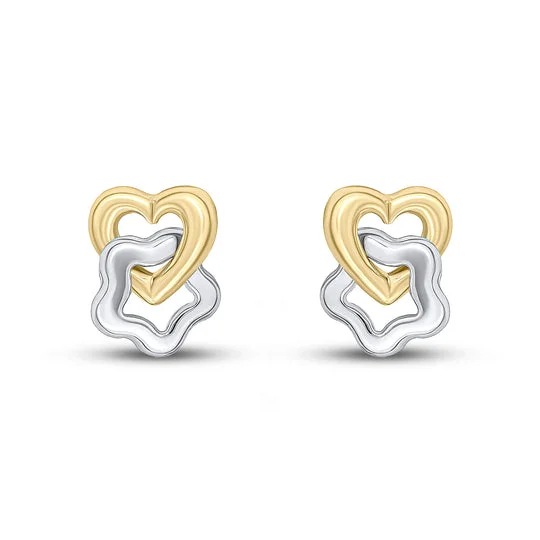 Geometric Drop Hoop Earrings-9ct Yellow & White Gold Heart and Star Stud Earrings 10x8mm