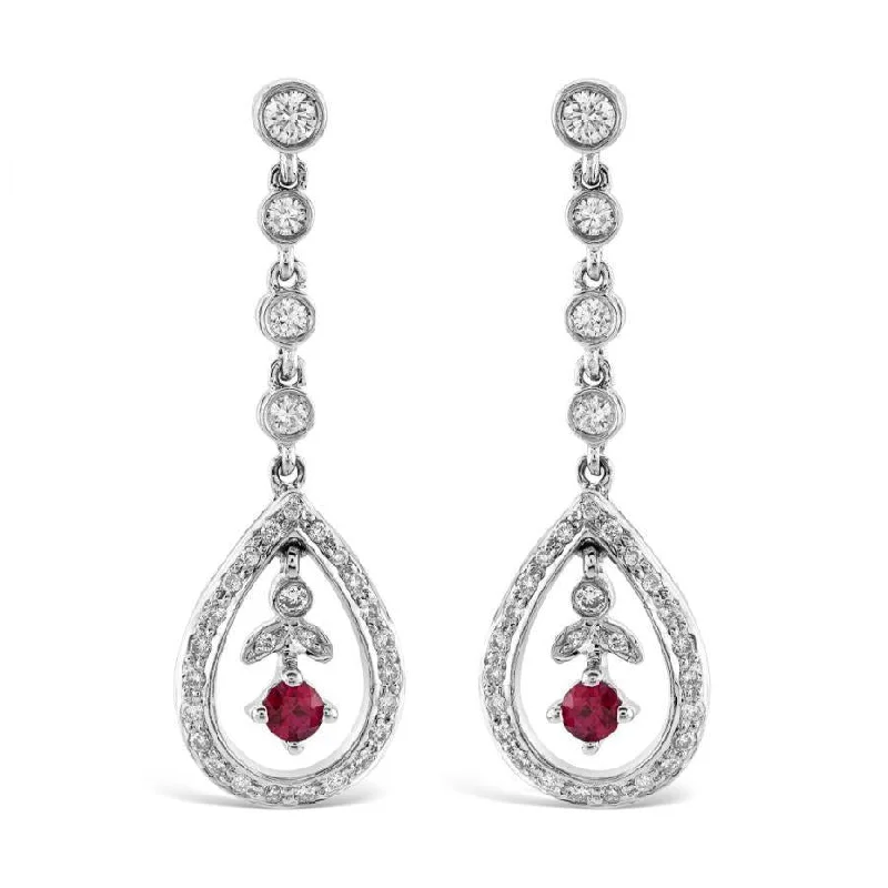 Minimal Gemstone Earrings-18ct White Gold Ruby & Diamond Open Teardrop Shaped Drop Earrings