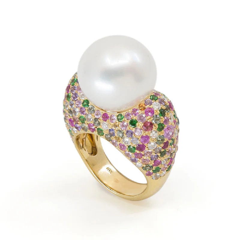 Personalized Wedding Ring for MenSouth Sea Pearl Ring with Multicolored Gemstones & Diamonds