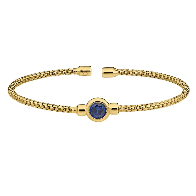 Bracelets Set-Gold Finish Sterling Silver Rounded Box Link Cuff Bracelet with Bezel Set Simulated Sapphire Birth Gem