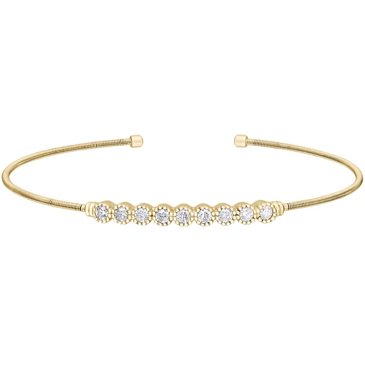 Luxury Gold Bracelets-Gold Finish Sterling Silver Cable Cuff Bracelet with Beaded Bezel Set Simulated Diamonds