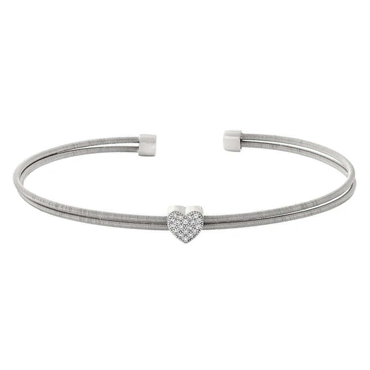 Silver Plated Bracelets-Rhodium Finish Sterling Silver Two Cable Cuff Bracelet with Simulated Diamond Heart