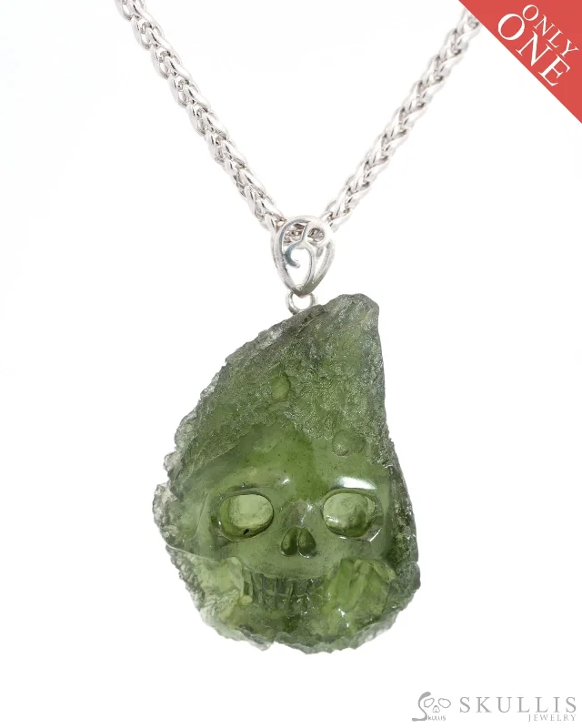 Wedding Ring with Matching Engagement Ring-Birthstone Crystal Pendant Necklace-Rare Gem Skull Pendant Necklace of Moldavite Crystal Carved Skull, 925 Sterling Silver - 0800034