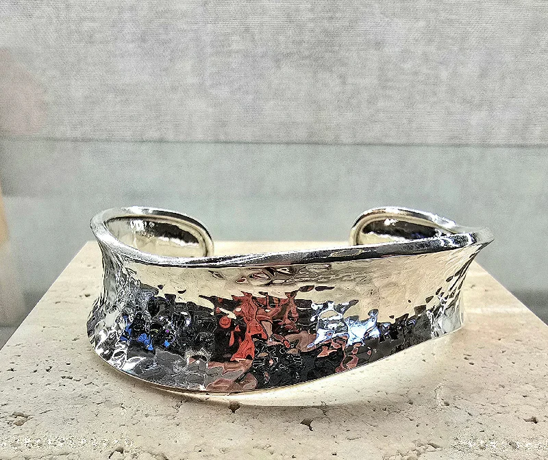 Fashion Bangles-Sterling Silver Hammered Concave Cuff Bangle