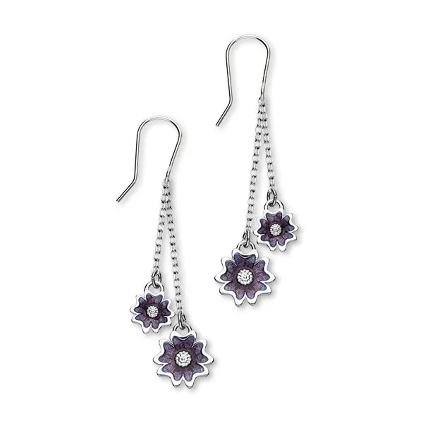 Sleek Earrings-Scottish Primrose Sterling Silver & Purple Enamel 2 Drop Earrings, EE624