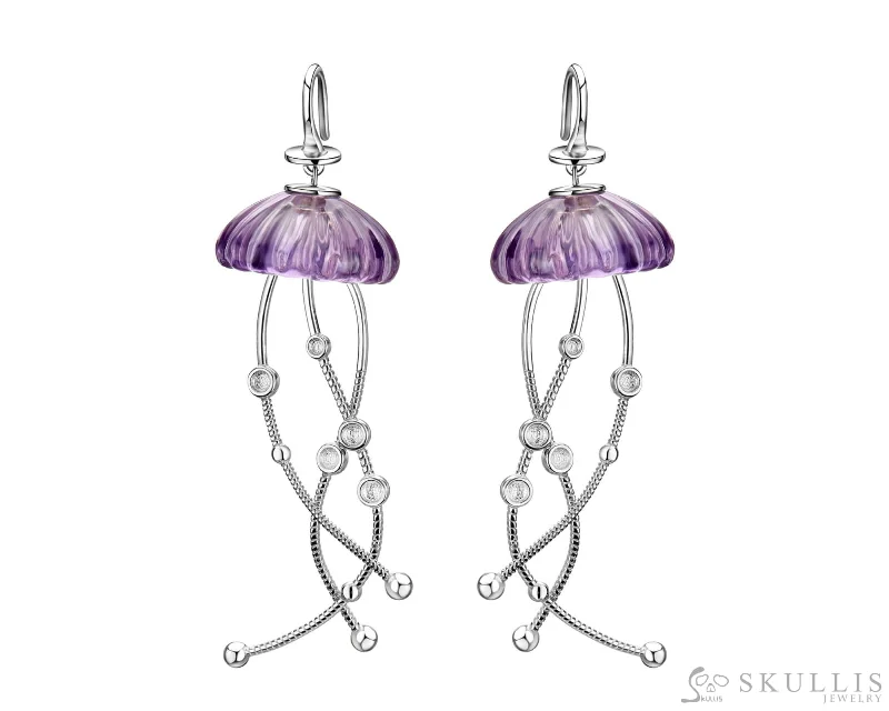 Jewelry Drop Earrings-Gem Earrings of Amethyst Carved Jellyfish with Moonstone, 925 Sterling Silver