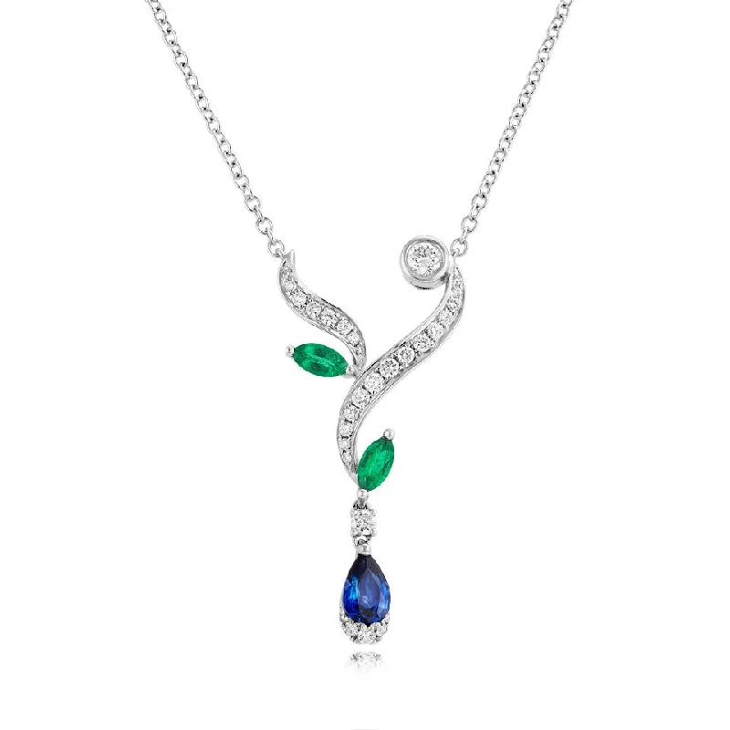 Custom Birthstone Promise Ring-Large Pendant Necklace for Women-18ct white gold Emerald, Sapphire and Diamond necklace