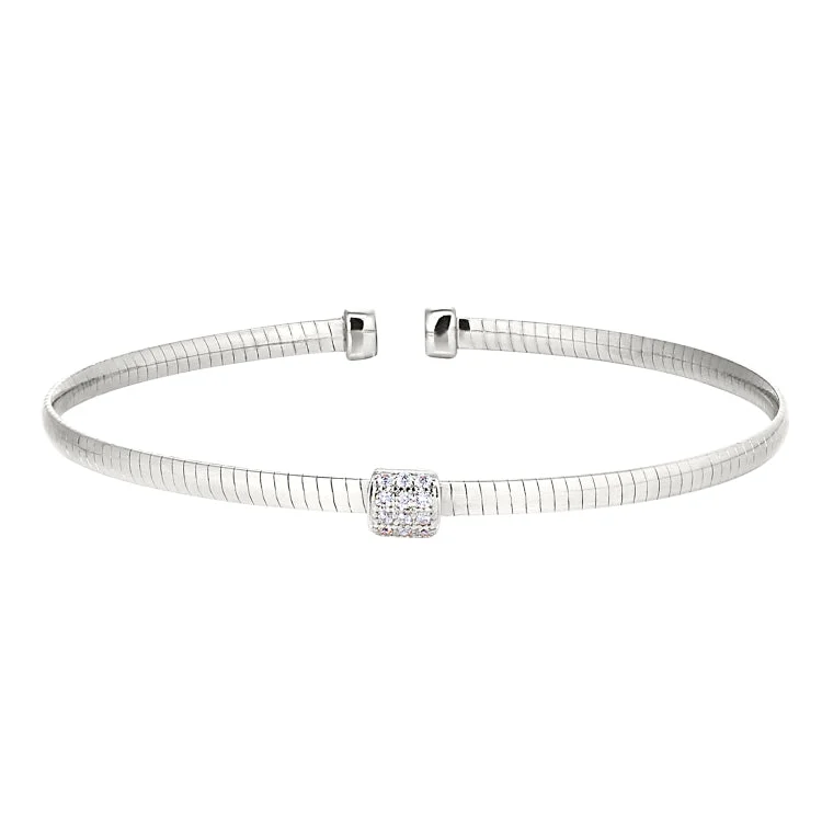 Stone Bracelets For Women-Rhodium Finish Sterling Silver Omega Cable Cuff Bracelet with Central Square with Simulated Diamonds