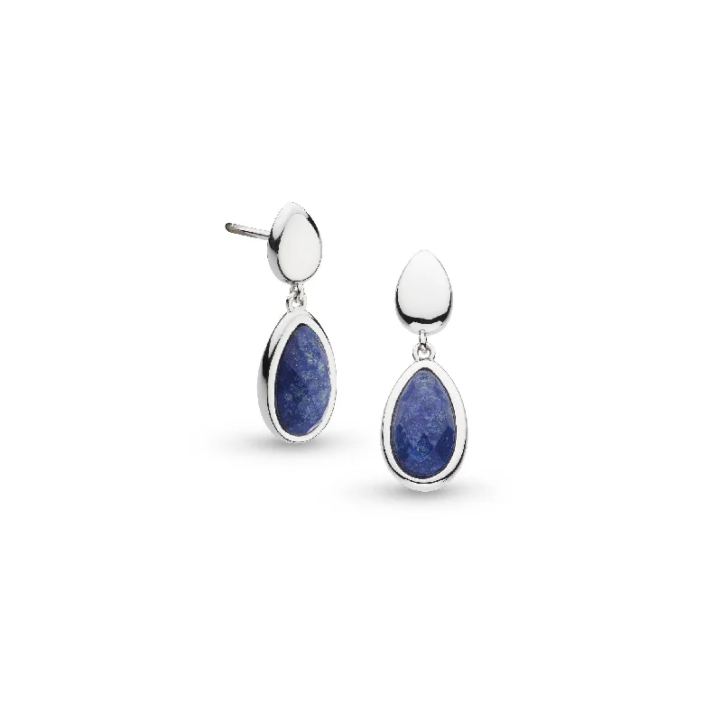 Retro Gemstone Earrings-Silver Coast Pebble Azure Lapis Lazuli Duo Droplet Drop Earrings