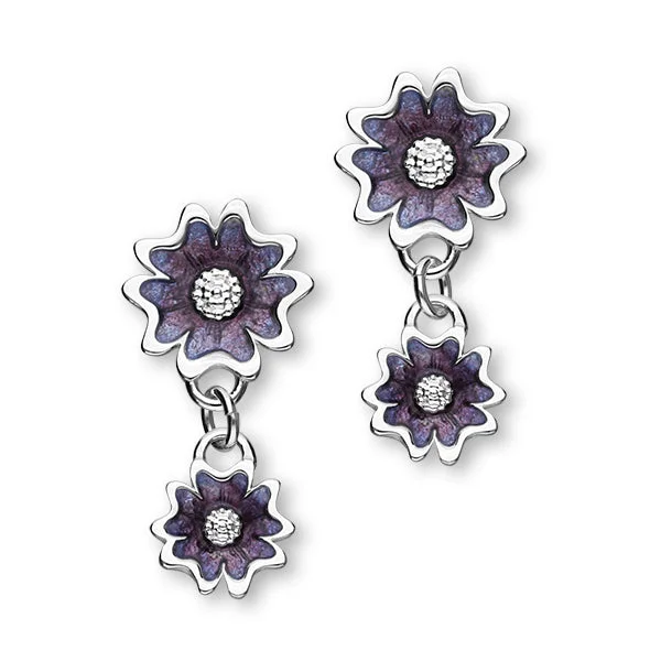 Elegant Diamond Earrings-Scottish Primrose Sterling Silver & Purple Enamel Double Stud Earrings, EE620