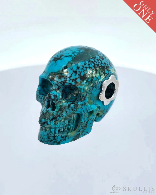 Custom Name Ring for Men-Silver Beaded Pendant Necklace-Skullis Signature Turquoise Gem Skull Pendant or Necklace, Hand Carved, Sterling Silver 925 Chain, for Women & Men - 0506520