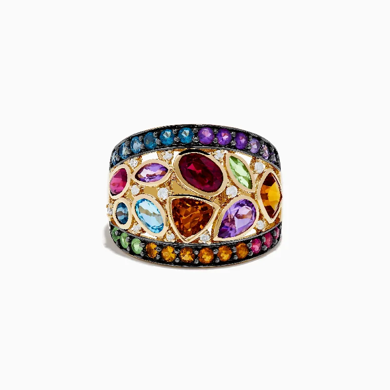 Simple Gold Wedding Ring14K Yellow Gold Multi Color Gemstone and Diamond Ring