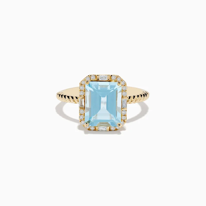 Personalized Wedding Ring Set with Initials14K Yellow Gold Aquamarine and Diamond Ring