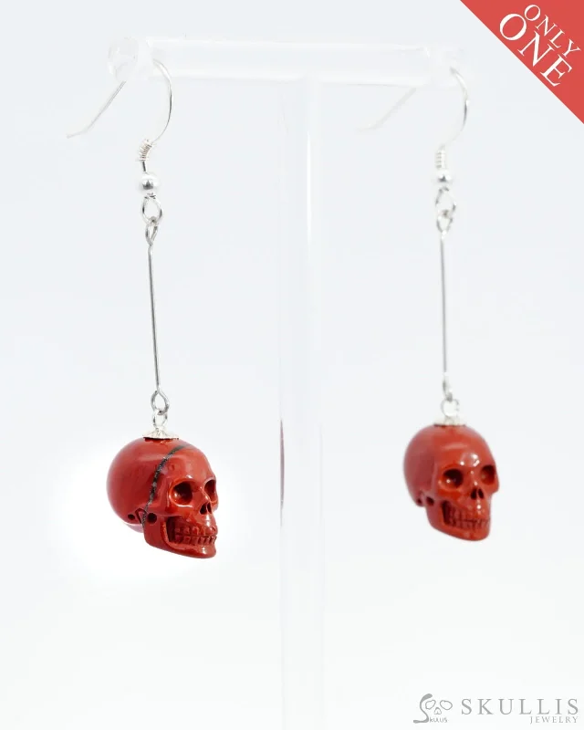 Minimal Gemstone Earrings-Gem Skull Earrings of Red Jasper Crystal Carved Skull - 0500025