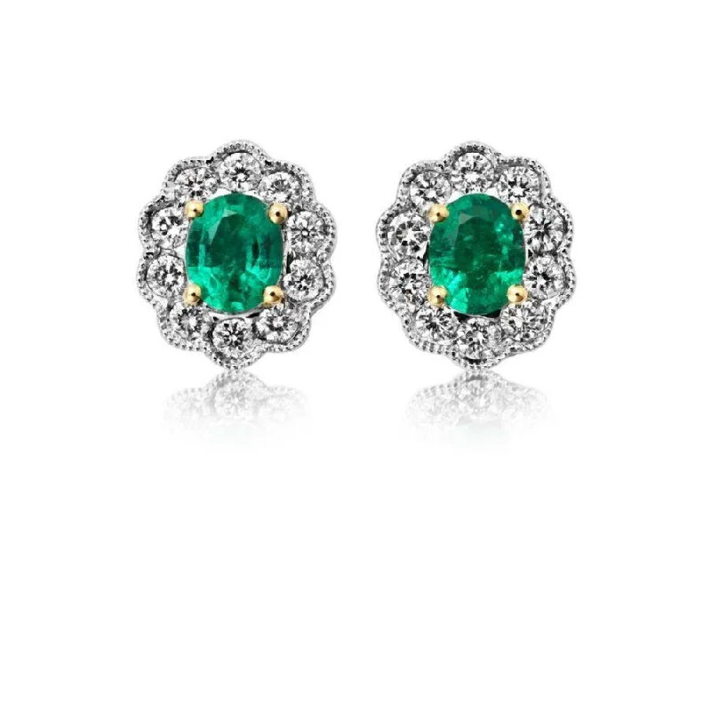 Star-Shaped Earrings-18ct Yellow & White Gold Oval Cut Emerald & Diamond Cluster Stud Earrings