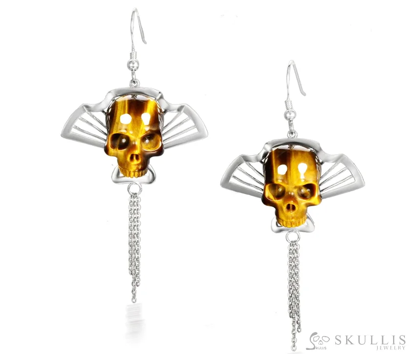 Round Silver Earrings-Gem Skull Earrings of Gold Tiger Eye Carved Skull in 925 Sterling Silver