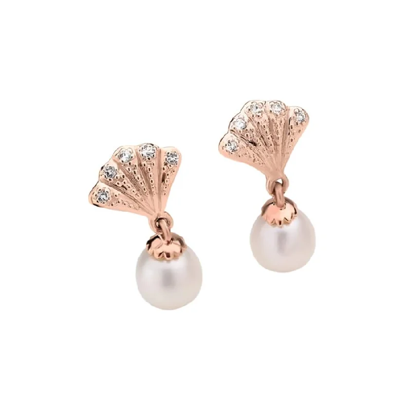 Bold Designer Earrings-9ct Rose Gold Windsor Cultured Pearl & White Topaz Drop Earrings