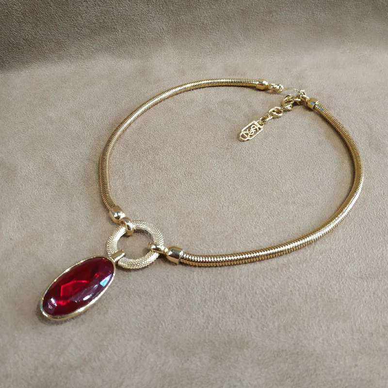 Classic Wedding Band with Sapphire-Large Pendant Necklace Set-YSL vintage Gold Red Glass Yves Saint Laurent link Necklace