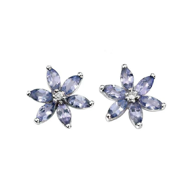 Long Drop Earrings with Diamonds-9ct White Gold Tanzanite & Diamond Floral Stud Earrings