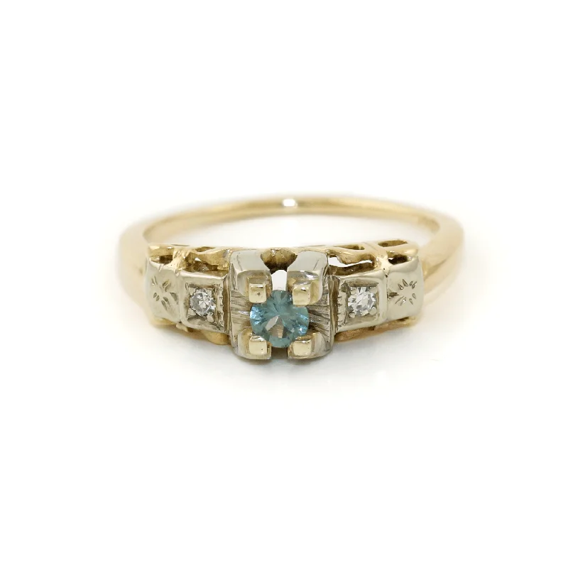 Customizable Silver Engagement Ring14k Two Tone x Antique Blue Topaz & Diamond Art-Deco Ring