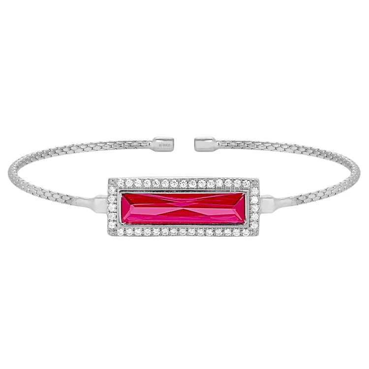 Vintage Style Bracelets-Rhodium Finish Sterling Silver Cable Cuff Bracelet with Rectangular Simulated Ruby Stone and Simulated Diamonds