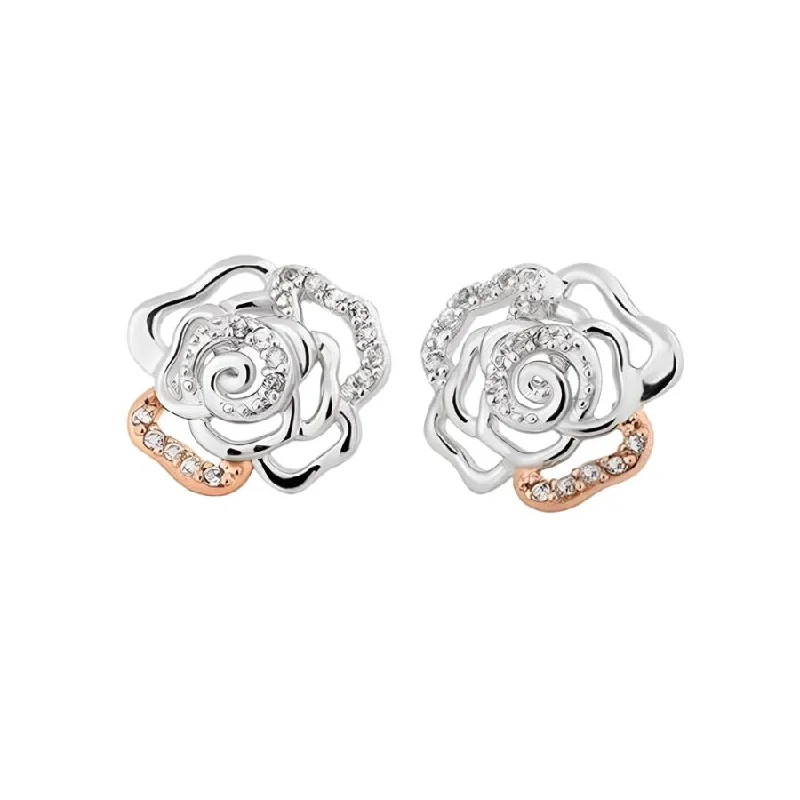 Colorful Crystal Earrings-Silver & 9ct Rose Gold Royal Roses White Topaz Stud Earrings