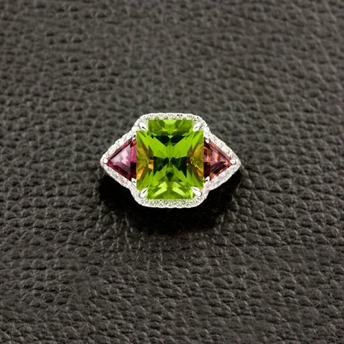 Gold Engagement Ring with Custom DesignPeridot, Pink Tourmaline & Diamond Ring