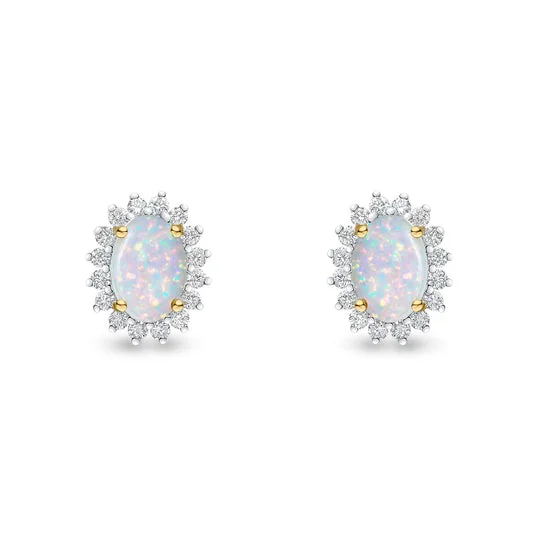 Polished Pearl Earrings-18ct Yellow Gold Oval Opal & Diamond Claw Set Cluster Stud Earrings 7x5mm