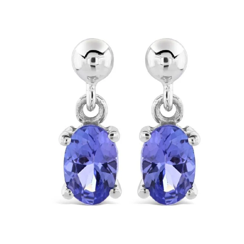 Bright Drop Earrings-9ct White Gold Oval Cut Tanzanite Drop Earrings