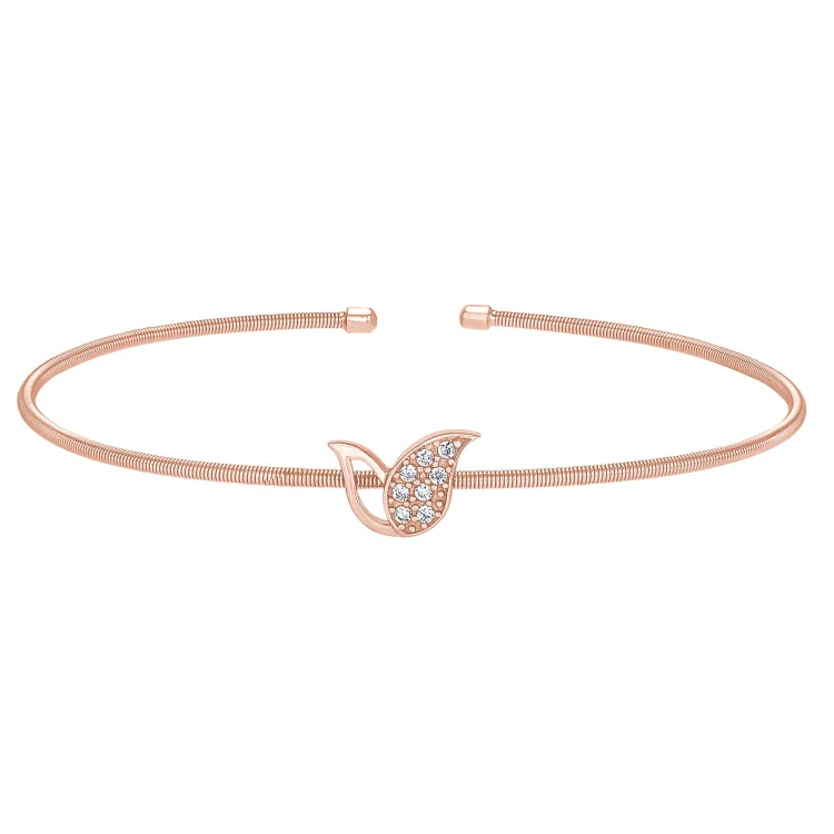 Personalized Friendship Bracelets-Rose Gold Finish Sterling Silver Cable Cuff Tulip Bracelet with Simulated Diamonds