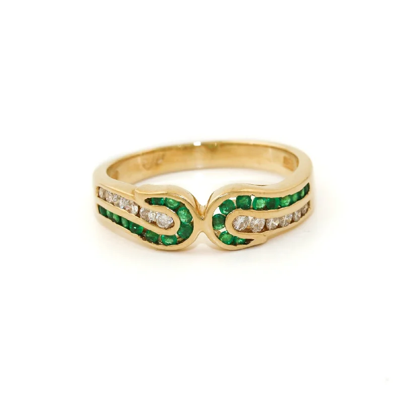 Gold Wedding Ring with Custom Engraving14k Gold x 5mm Intertwining Emerald & Diamond Channel Band